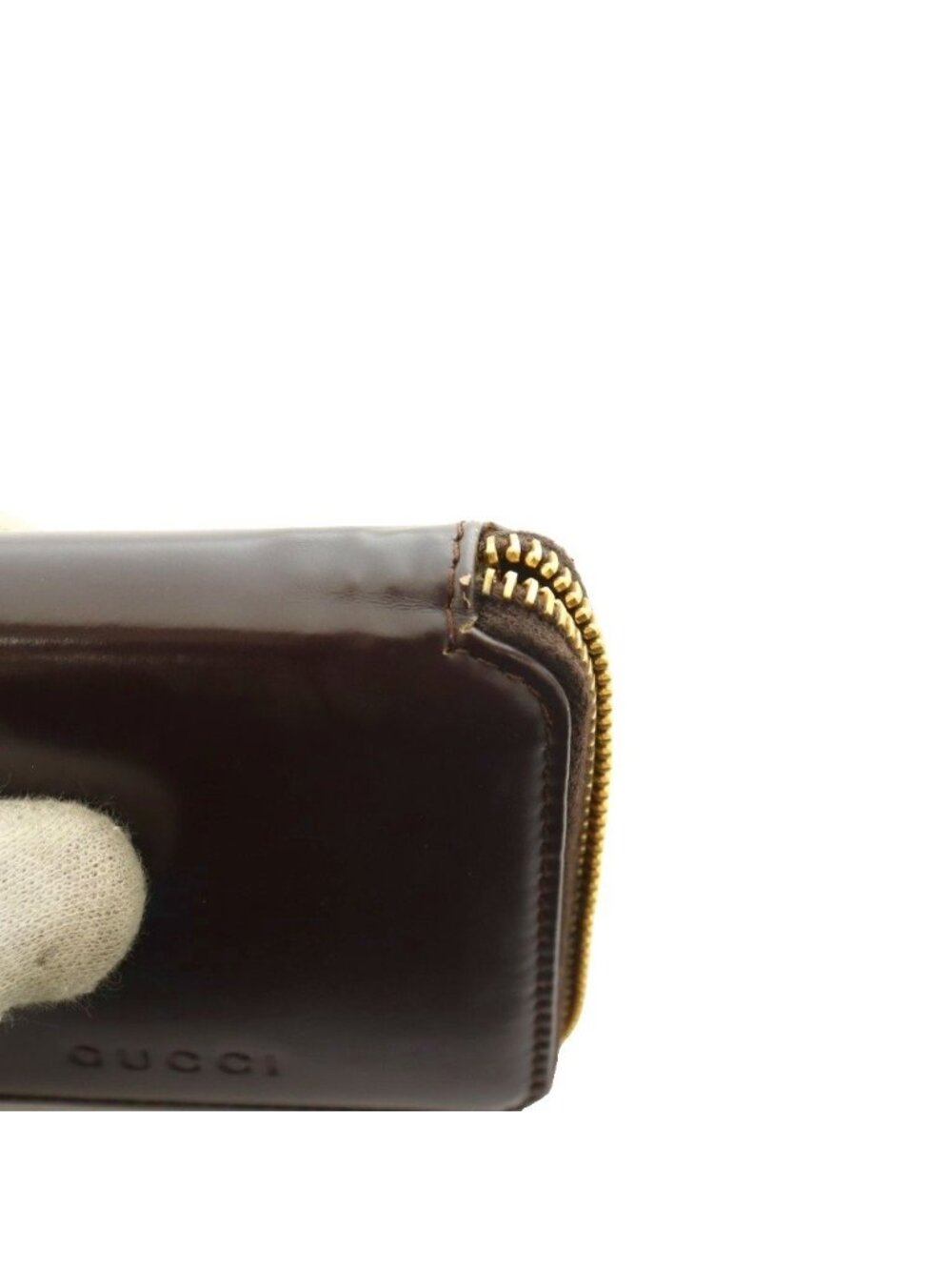 Gucci Bifold Wallet Compact Coin Purse Zip Around Bumpy Handle Leather Brown SS - Picture 9 of 9